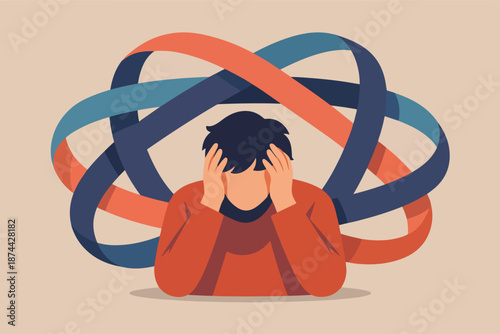 Overwhelmed man holding head, mental stress and anxiety concept