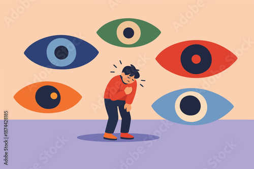 Person feeling watched by multiple eyes, self conscious anxiety and stress