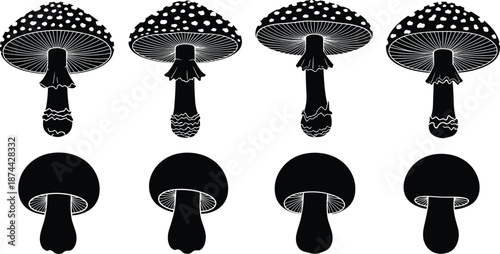 Black and white mushroom vector collection, toadstool silhouettes set, botanical fungi illustrations, minimalist forest nature icons, vintage style graphic design