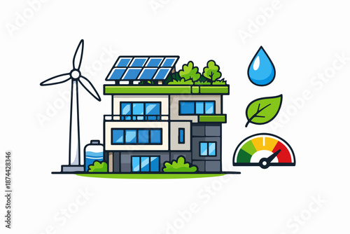 Sustainable modern house with solar roof, wind power and eco rating meter