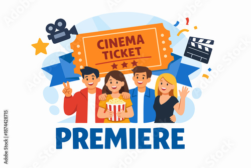 Premiere night celebration with friends and giant cinema ticket, flat illustration