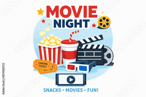 Movie night essentials set with popcorn, soda, tickets and 3D glasses