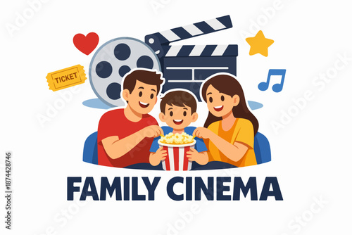 Family movie night in cinema with parents and child sharing popcorn