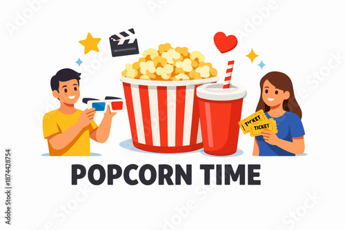 Popcorn time movie snack scene with 3D glasses and tickets, cute flat illustration