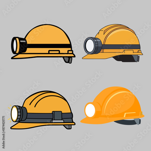 Mining Helmet Icon Set. Safety Hard Hat with Headlamp Illustration. Industrial Construction Helmet Vector. Yellow Engineer Protective Gear. Mining Equipment and Safety Workwear Symbols. Set of Miner H
