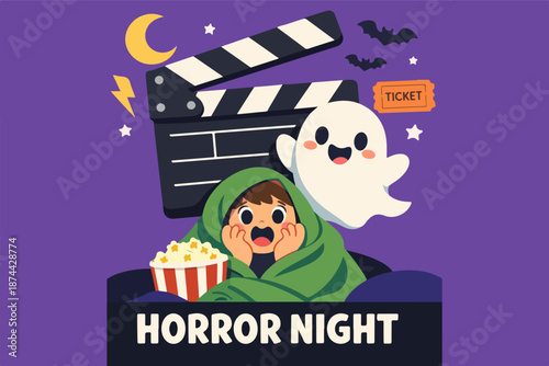 Horror night movie poster with cute ghost and scared kid under blanket, cinema theme illustration