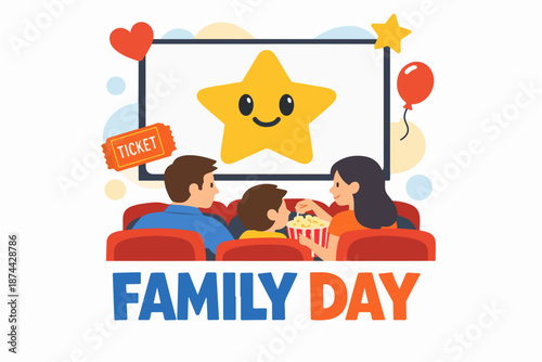 Family day cinema outing with parents and child in theater seats