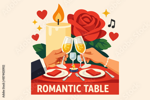 Champagne cheers at romantic table with candle and rose, love dinner illustration