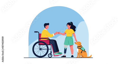 Diverse individuals with assistive devices and service animal connect in a supportive inclusive setting vector illustration for modern design projects
