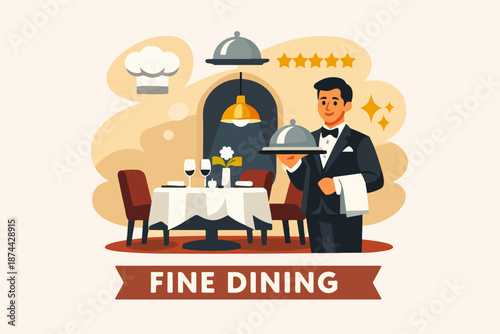 Fine dining restaurant concept with waiter and reserved table, luxury hospitality illustration