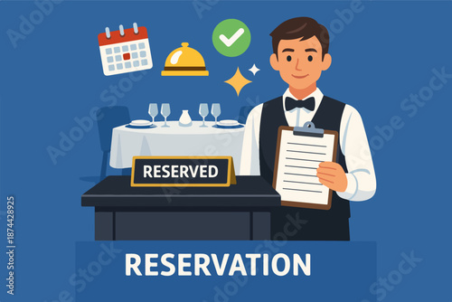 estaurant reservation concept with host holding clipboard and reserved table sign, service illustration