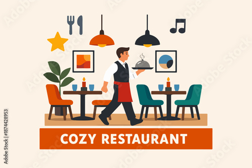 Cozy restaurant interior with waiter serving meal, warm cafe atmosphere illustration