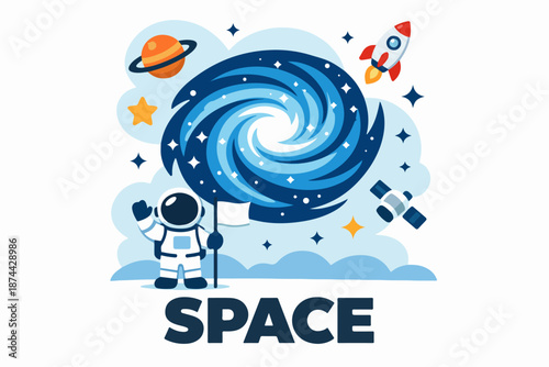 Astronaut in open space with spiral galaxy and planets, playful astronomy illustration