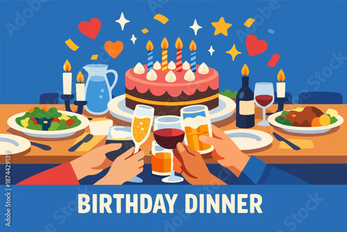 Festive birthday table with cake and clinking glasses, family celebration dinner illustration