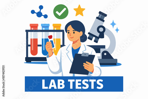 Lab tests concept with scientist holding sample tube and clipboard near microscope, medical illustration
