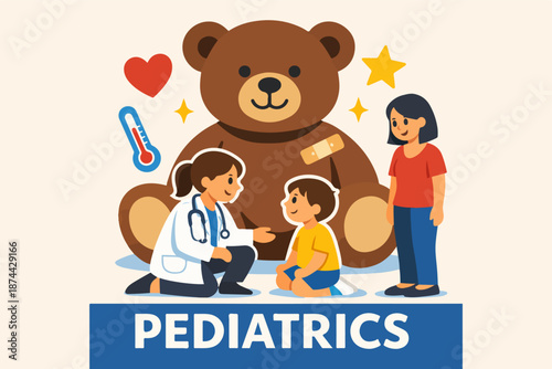 Pediatrics clinic concept with doctor examining child and teddy bear mascot, healthcare illustration