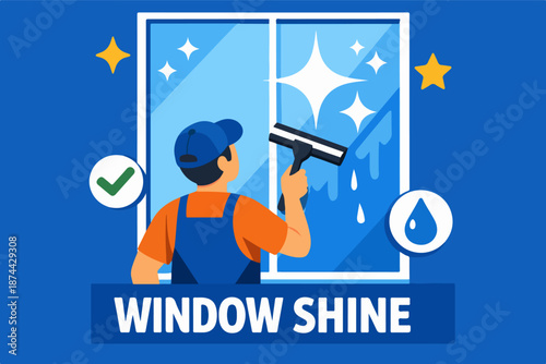 Window shine service with cleaner using squeegee on glass, flat illustration
