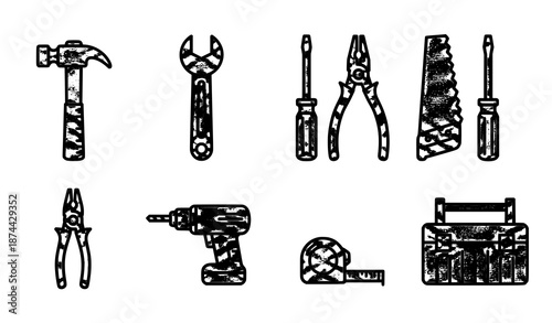 Outline tool icons collection with repair and construction equipment symbols on white background