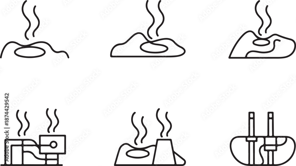 Fototapeta premium Geothermal and Hot Spring Line Icons Set, Volcanic Steam and Energy Illustration