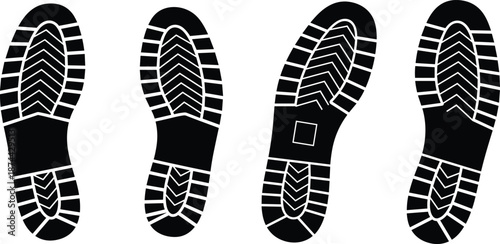 Black and white shoe sole footprint vector set, boot tread patterns collection, walking steps silhouettes, footwear sole impression illustration, minimalist graphic design