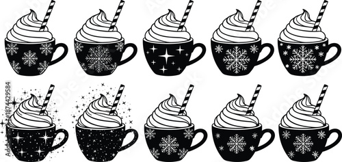 Black and white winter coffee mug vector set, Christmas hot chocolate cups with whipped cream, snowflake patterns, festive holiday drink 