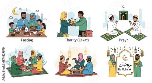Muslim family enjoying Iftar together with traditional food and decorations in a warm and festive atmosphere.