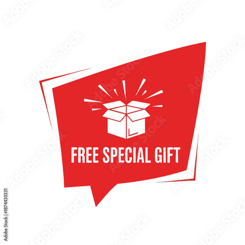 Eye-catching red announcement bubble featuring an open box with radiating lines and clear text indicating a free special gift
