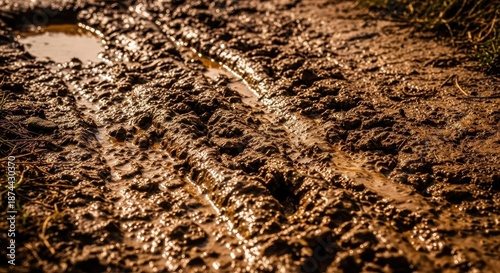 A close-up shot of extremely thick, gooey, brown mud covering a deep, uneven rural path, signifying difficult travel and messy outdoor adventure, background, wet, track