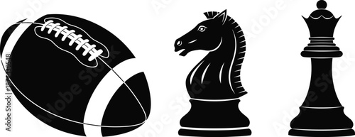 Sports and strategy silhouette icons illustration featuring American football, chess knight and queen pieces, black and white vector design for competition and leadership concepts