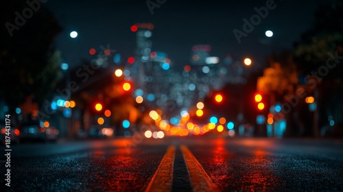 City street at night with a blurred background of lights and buildings, creating an atmospheric scene.