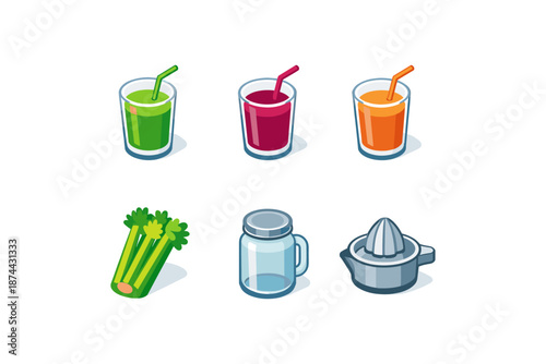 Colorful juice and smoothie flat icons with blender and celery