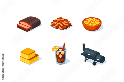 Isometric barbecue food set: smoked meats, side dishes, and beverages