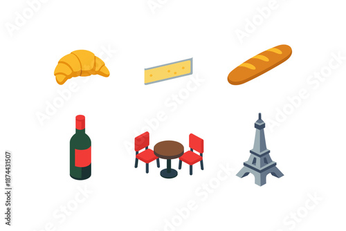 Icon set featuring french cuisine and culture with isometric elements