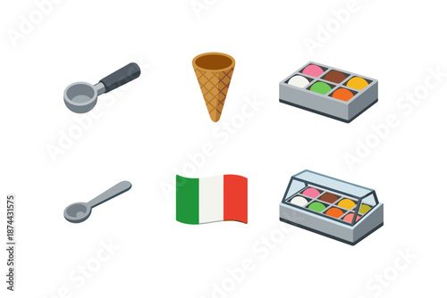 Italian gelato icons: ice cream scoop, cone, and display in isometric style with italy flag