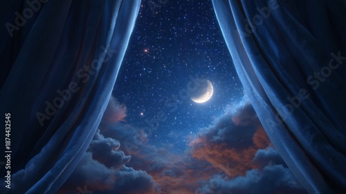 A mesmerizing view of the night sky, framed by curtains, featuring a crescent moon and twinkling stars. A dreamy and tranquil scene.