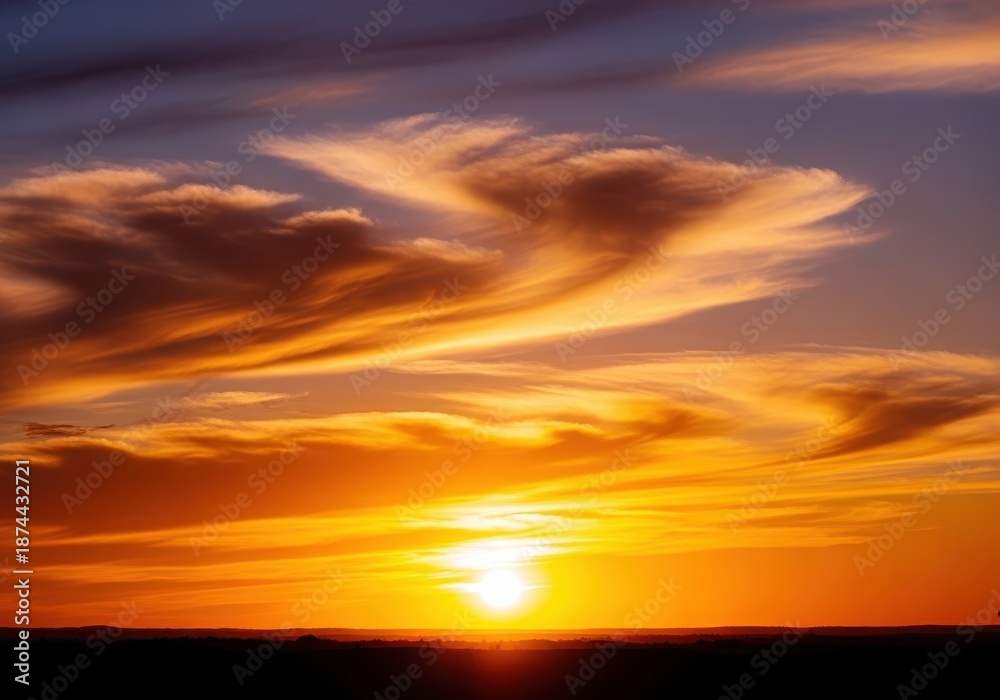 Fototapeta premium Dramatic golden hour scenery featuring vibrant, textured cloud formations illuminated by the intense, glowing light of the setting sun, dramatic, purple, destination