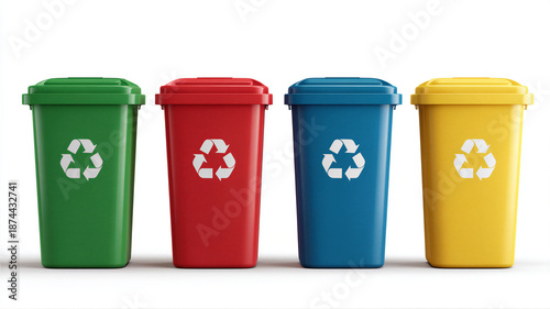 Four colored recycling bins in a row