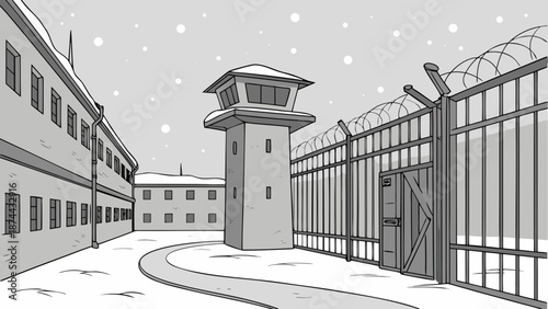 A bleak winter scene at a maximum-security prison with watchtower and barbed wire fence