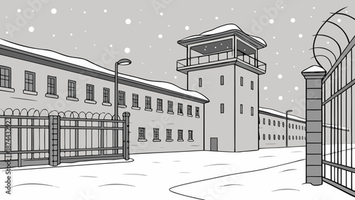A bleak winter day at a correctional facility with heavy snowfall covering the grounds and buildings