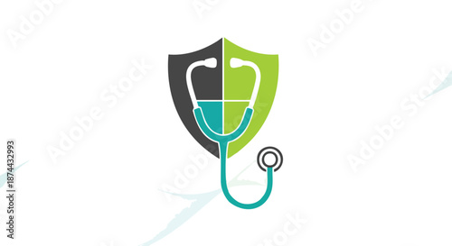Graphic illustration of a medical stethoscope integrated into a protective shield symbolizing healthcare security and well-being