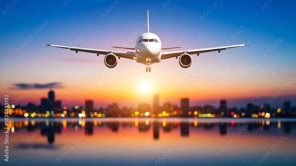 Fototapeta premium Airplane Landing at Sunset Airport Runway