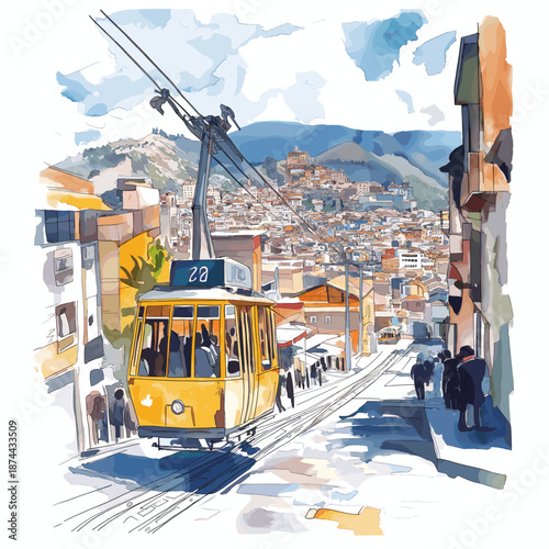 La Paz Cable Cars and Witches Market. La Paz Cable Cars and Witches Market hand drawn watercolor illustration