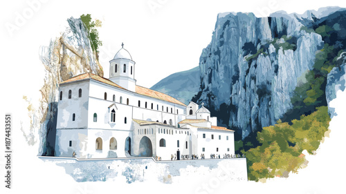 Ostrog Monastery. Ostrog Monastery watercolor vector illustration