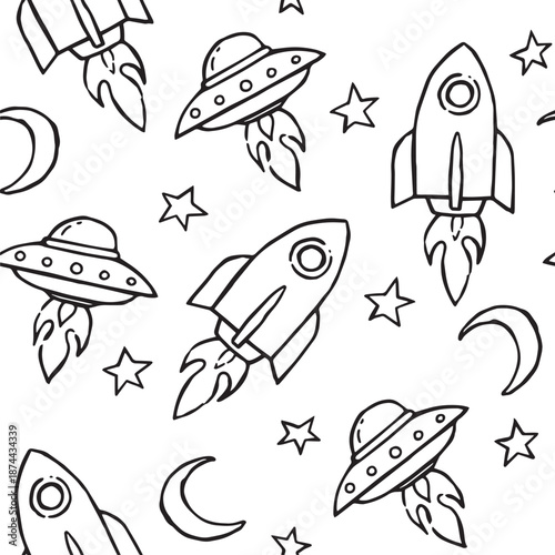 Cute vector doodle print for kids on the theme of space travel seamless pattern