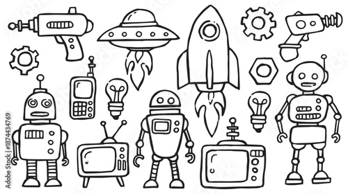 A cute vector set of science fiction doodles for kids. Robots and a rocket.
