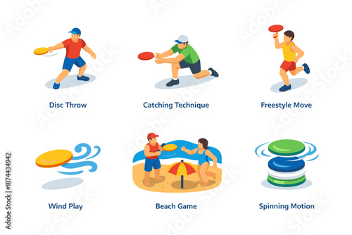 Dynamic frisbee skills and beach games in vibrant isometric style