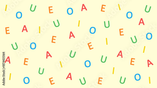 A seamless pattern of colorful vowels scattered on a light yellow background.