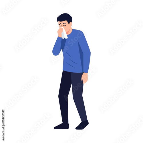 Man with blue sweater and black pants blowing his nose with a white tissue, concept of sickness