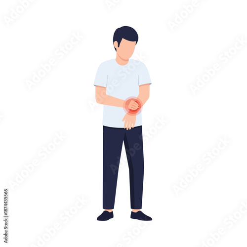 Full body illustration of a male character experiencing acute wrist pain, highlighting discomfort and potential injury, suitable for medical and health-related content