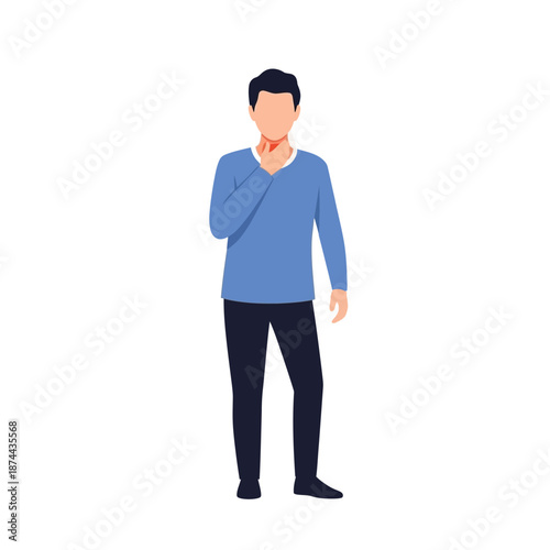 Man with sore throat, touching his neck to indicate pain or discomfort